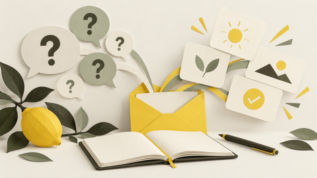 Customer question bubbles connect with clear answer cards and an enquiry envelope.