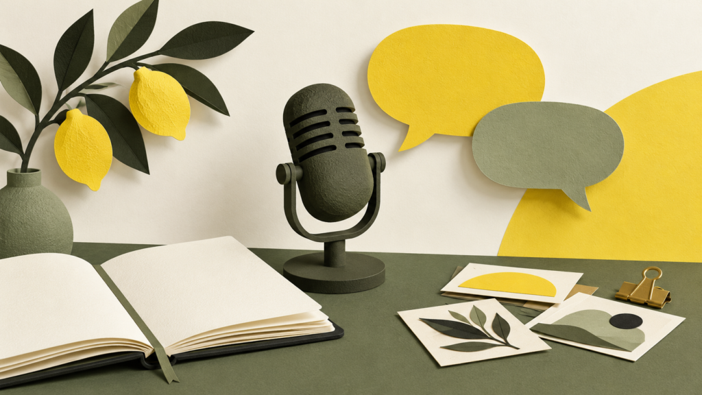 A microphone, briefing notebook and speech bubbles illustrate preparation for a journalist interview.