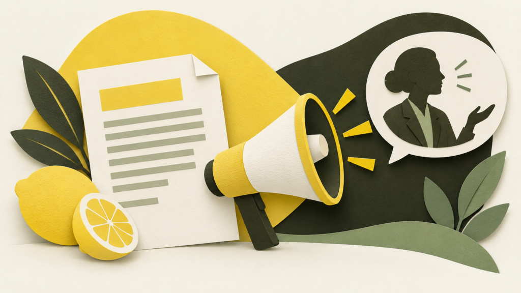 An announcement document, megaphone and expert speech bubble illustrate choosing a communication format.